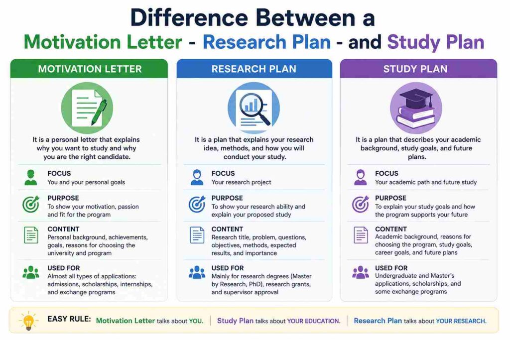 Difference Between a Motivation Letter - Research Plan - and Study Plan