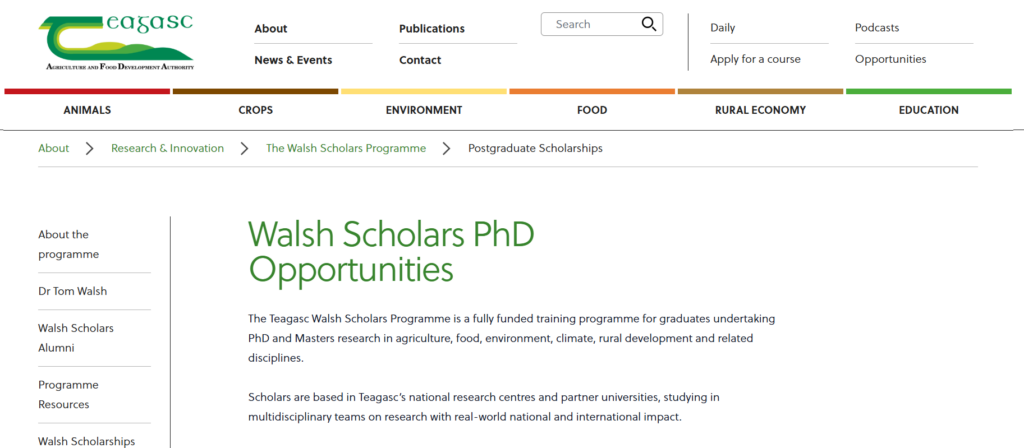 Teagasc Walsh Scholarship in Ireland at Teagasc and Partner Universities